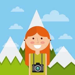 Sticker - cartoon woman smiling with camera device around her neck over mountains landscape. colorful design. vector illustration