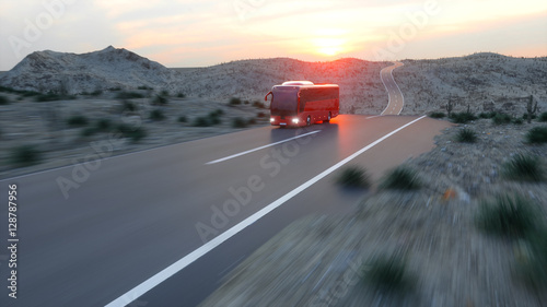 Obraz na płótnie turystyczny czerwony autobus na autostradzie. Szybka jazda. realistyczne renderowanie 3d.
