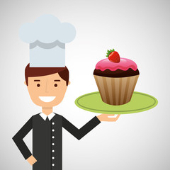 cartoon chef dessert tasty cupcake chocolate strawberry vector illustration eps 10