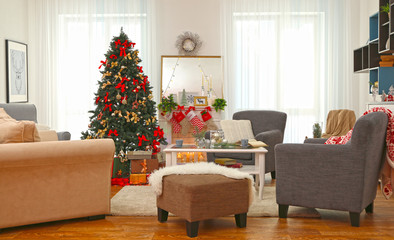 Sticker - Interior of beautiful living room decorated for Christmas