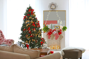 Canvas Print - Cozy Christmas interior of living room with beautiful fir tree