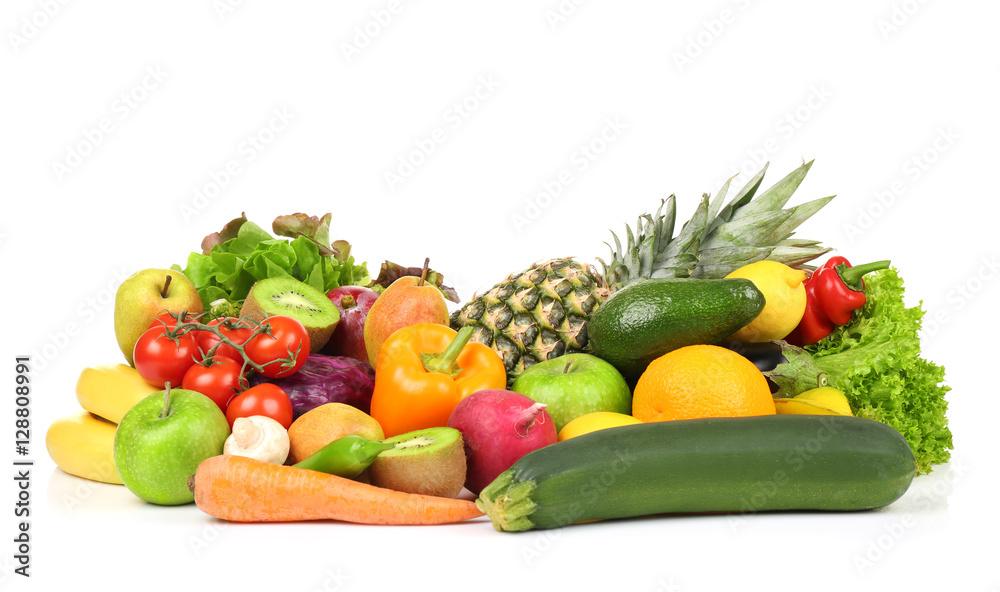 Group of fresh vegetables and fruits on white background