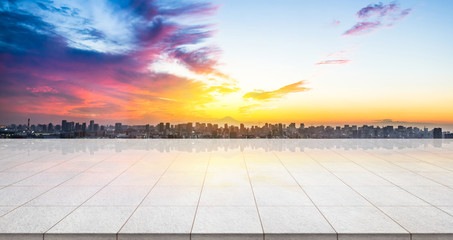 Wall Mural - Business concept - Empty marble floor top with panoramic sky view of mountain under sunrise and morning blue bright sky for display or montage product