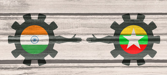 Wall Mural - Web Banner, Header Layout Template. Politic and economic relationship between India and Myanmar. National flags on cog wheels. Wood texture