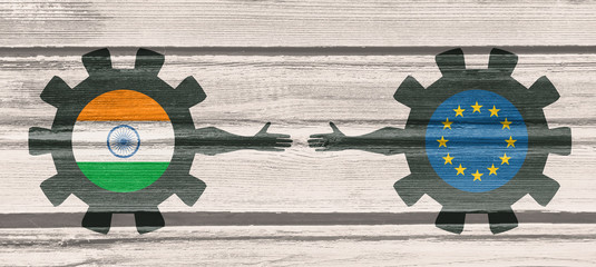 Wall Mural - Web Banner, Header Layout Template. Politic and economic relationship between India and European Union. National flags on cog wheels. Wood texture