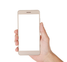 Canvas Print - Hand holding smart phone on white background