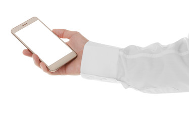 Wall Mural - Male hand holding phone on white background