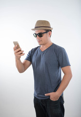 Man Using Cell Smart Phone and Drinking coffee on White Backgrou