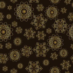 Wall Mural - Snowflakes pattern design. Decorative winter background in golden colors. Seamless vector illustration.