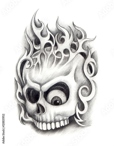 Art Design Skull Head Mix Graphic Tribal Tattoo Hand Pencil