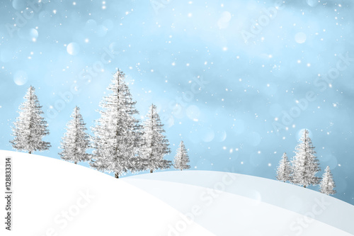 Lovely winter snowfall landscape with snowy trees on the hills Plakat