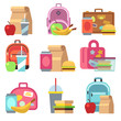 School lunch food boxes and kids bags vector flat icons