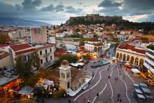 View Of Acropolis From A Roof-top Coffee Shop In Monastiraki Square, Athens.