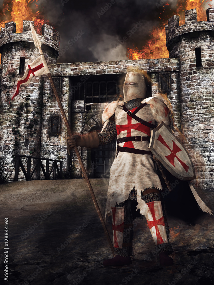 Średniowieczny templariusz stojący na tle płonącego zamku - obrazy, fototapety, plakaty 