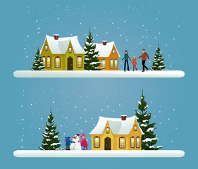 Two Christmas banners with winter town