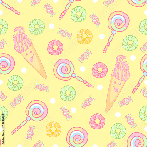 Sweet and funny seamless pattern. Ice cream, donuts, candy, lollipops