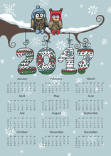 New Year Calendar 2017.Owl Couple,Knitting Numbers
