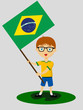 Fan of Brazil national football team, sports. Boy with flag in the colors of the national command with sports paraphernalia. Kid with national flag.