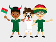 Fan of Burkina Faso national football team, sports. Boy with flag in the colors of the state command with sports paraphernalia. Kid with national flag.