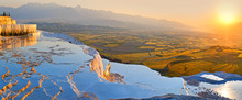 Panorama Terraces From Travertine In Pamukkale At Sunset.