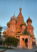 The Cathedral Of Vasily The Blessed  In The Red Square In Moscow, In Sunset Light
