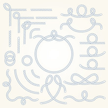 Rope Nautical Vector Borders Elements Set. Isolated. Marine Design For Your Sailor Poster, T-shirt, Card Or Web.