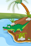 Fototapeta Dinusie - cartoon crocodile posing on the ground beside the river