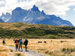 © zenobillis - Group of  hikers with backpacks walk along a trail towards a mountain ridge. Backpackers  style. Concept of active leisure.