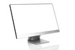 Sleek modern computer display with blank white screen, front side view titled up and isolated on white background with reflection