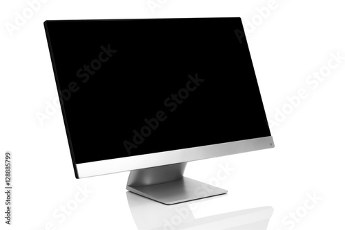 Fotografie, Obraz Sleek modern computer display with blank black screen, front side view titled up
