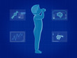 © jm1366 - Boy drinking milk with graphics research on blue screen.3D rendering.