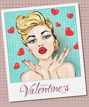 Valentines Day Pin-up Sexy Woman Sending Air Kiss With Hearts. Pop Art Vector