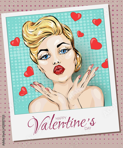 Tapeta ścienna na wymiar Valentines Day Pin-up sexy woman sending air kiss with hearts. Pop Art vector