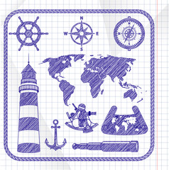  Blue ink sketched navigation icon set