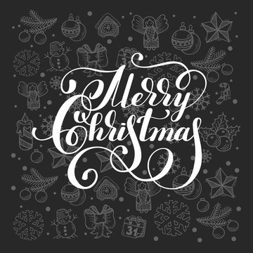 Merry Christmas calligraphic hand lettering on grey gift holiday