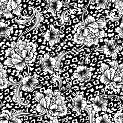 Eclectic fabric seamless pattern. Animal background with baroque ornament.