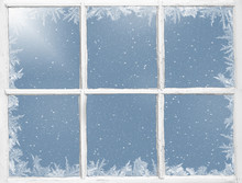 Frosty Border On Weathered Windowpane With Snowflakes