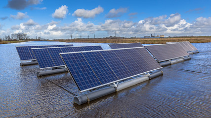 Close up of Group of Photovoltaic panels floating on water