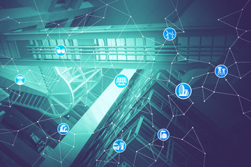 Aufkleber - duo tone graphic of smart city and internet of things, renewable energy, environment concept image, smart grid, abstract background visual