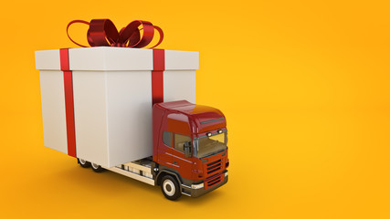 Presents delivery service concept, truck with a gift box. 3d rendering