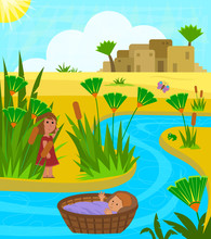 Baby Moses In Basket - Cute Illustration Of Baby Moses On The Nile River With His Sister Watching Over Him From A Distance. Eps10