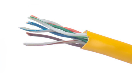 Damage to the cable network with torn wire on white background