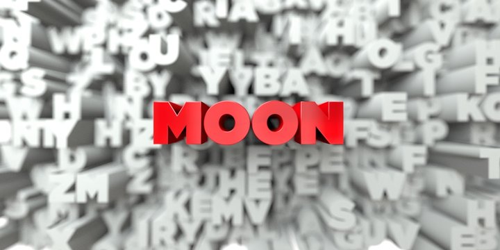 MOON -  Red text on typography background - 3D rendered royalty free stock image. This image can be used for an online website banner ad or a print postcard.