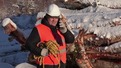 Poster - Lumberjack talking on phone near pile of logs