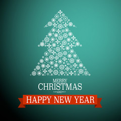 Wall Mural - Merry Christmas and Happy New Year Card. Vector Tree Made from Snowflakes.