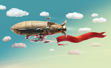 Fantastic Airship In The Sky And Clouds. Raster Illustration.