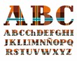 © elenavdovina - Spanish alphabet, plaid, vector font, capital letters, brown.  The letters of the Spanish alphabet with serifs. Blue stripes on orange-brown background in a cage.