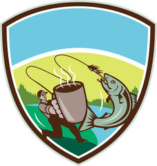 Wall Mural - Fly Fisherman Salmon Mug Crest Retro