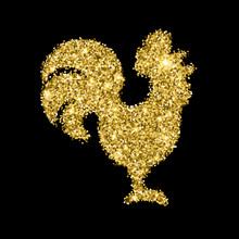 Golden Glitter Crowing Rooster With Sparkles Isolated On Black Background. Chinese Symbol For The New Year 2017. Rooster Silhouette With Gold Glitter Confetti. Tinsel Vector Illustration.