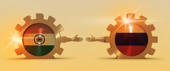 Wall Mural - Web Banner, Header Layout Template. Politic and economic relationship between India and Russia. National flags on cog wheels. Golden material. 3D rendering